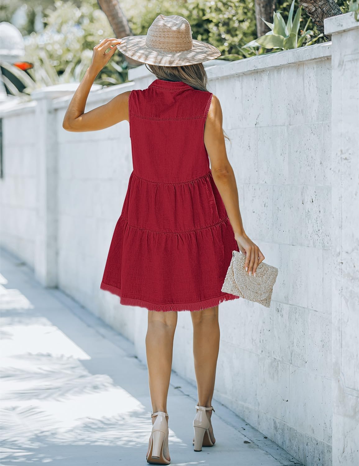 luvamia Womens Casual Summer Lapel Sleeveless Button Down Short Denim Jean DressDark Red