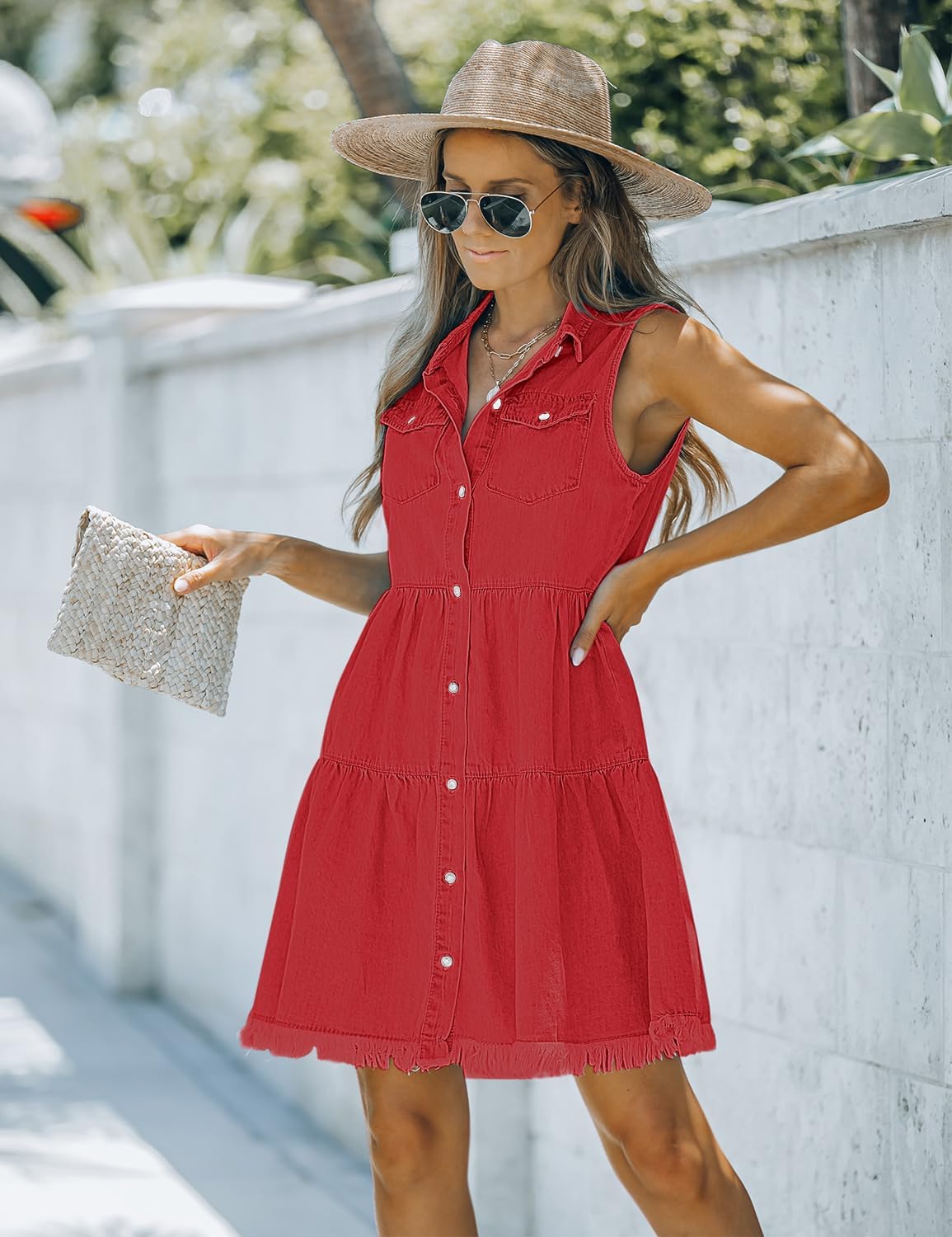 luvamia Womens Casual Summer Lapel Sleeveless Button Down Short Denim Jean DressRed