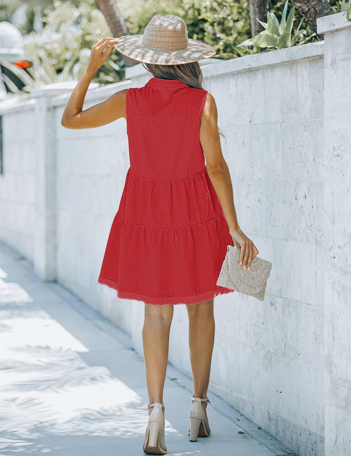 luvamia Womens Casual Summer Lapel Sleeveless Button Down Short Denim Jean DressRed