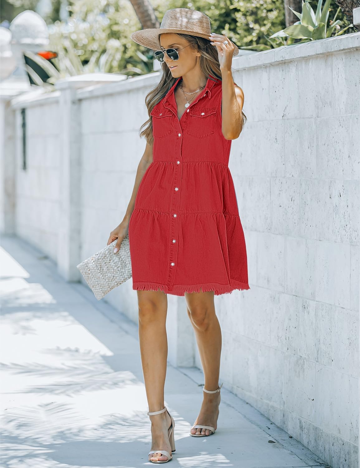 luvamia Womens Casual Summer Lapel Sleeveless Button Down Short Denim Jean DressRed