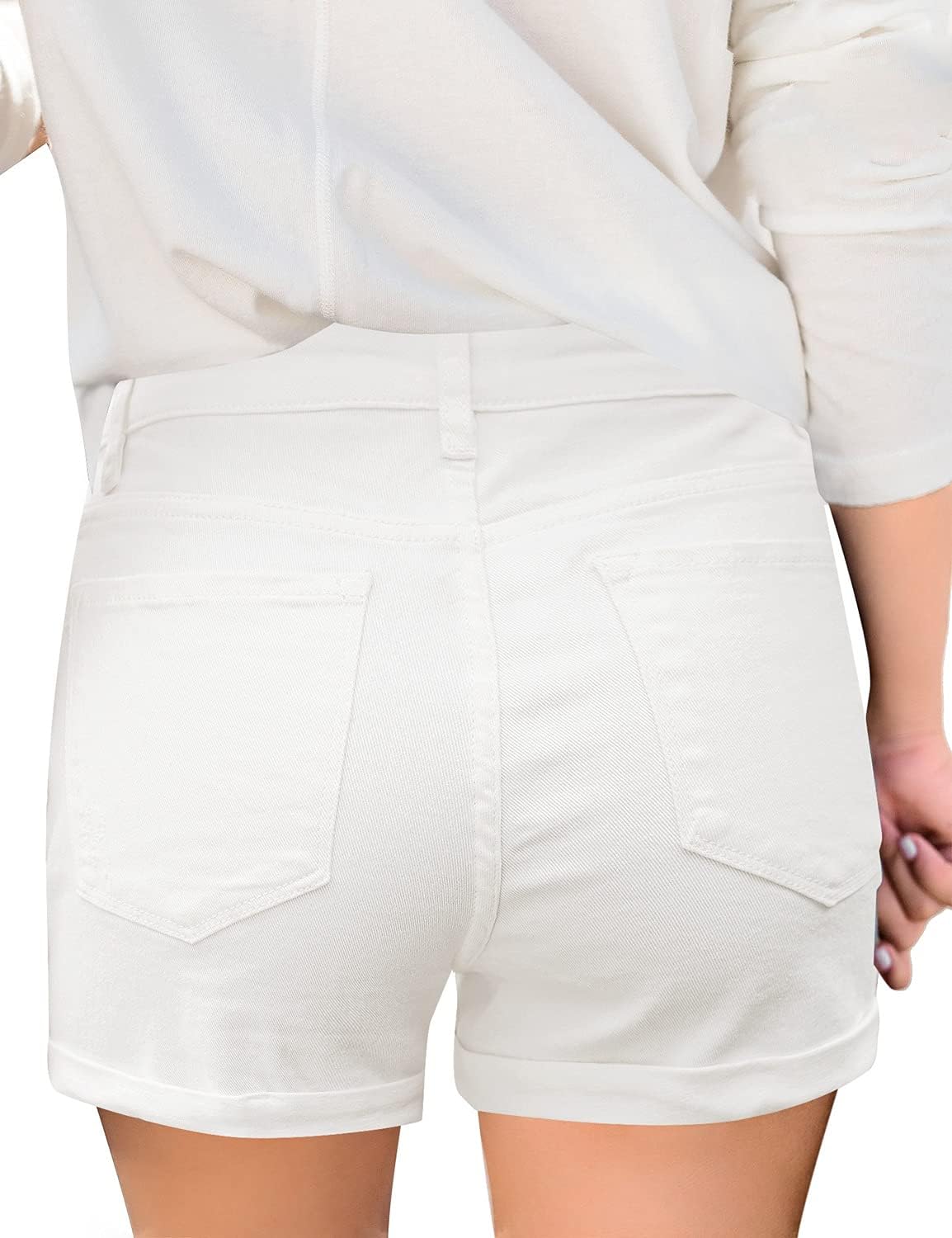 luvamia Womens Ripped High Waisted Denim Shorts Stretchy Cuffed Hem Jean ShortsA Soft Clean White