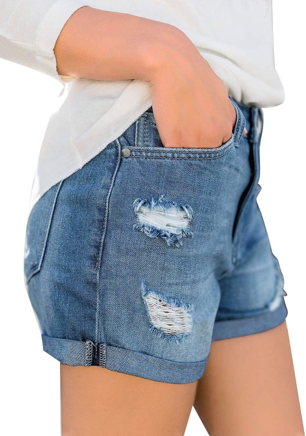 luvamia Womens Ripped High Waisted Denim Shorts Stretchy Cuffed Hem Jean ShortsA1 Deep Jasper Blue