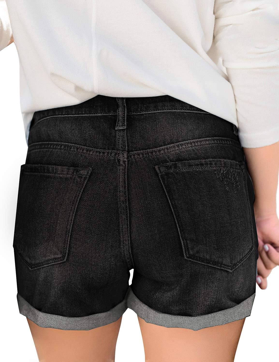 luvamia Womens Ripped High Waisted Denim Shorts Stretchy Cuffed Hem Jean ShortsA2 Black Pepper
