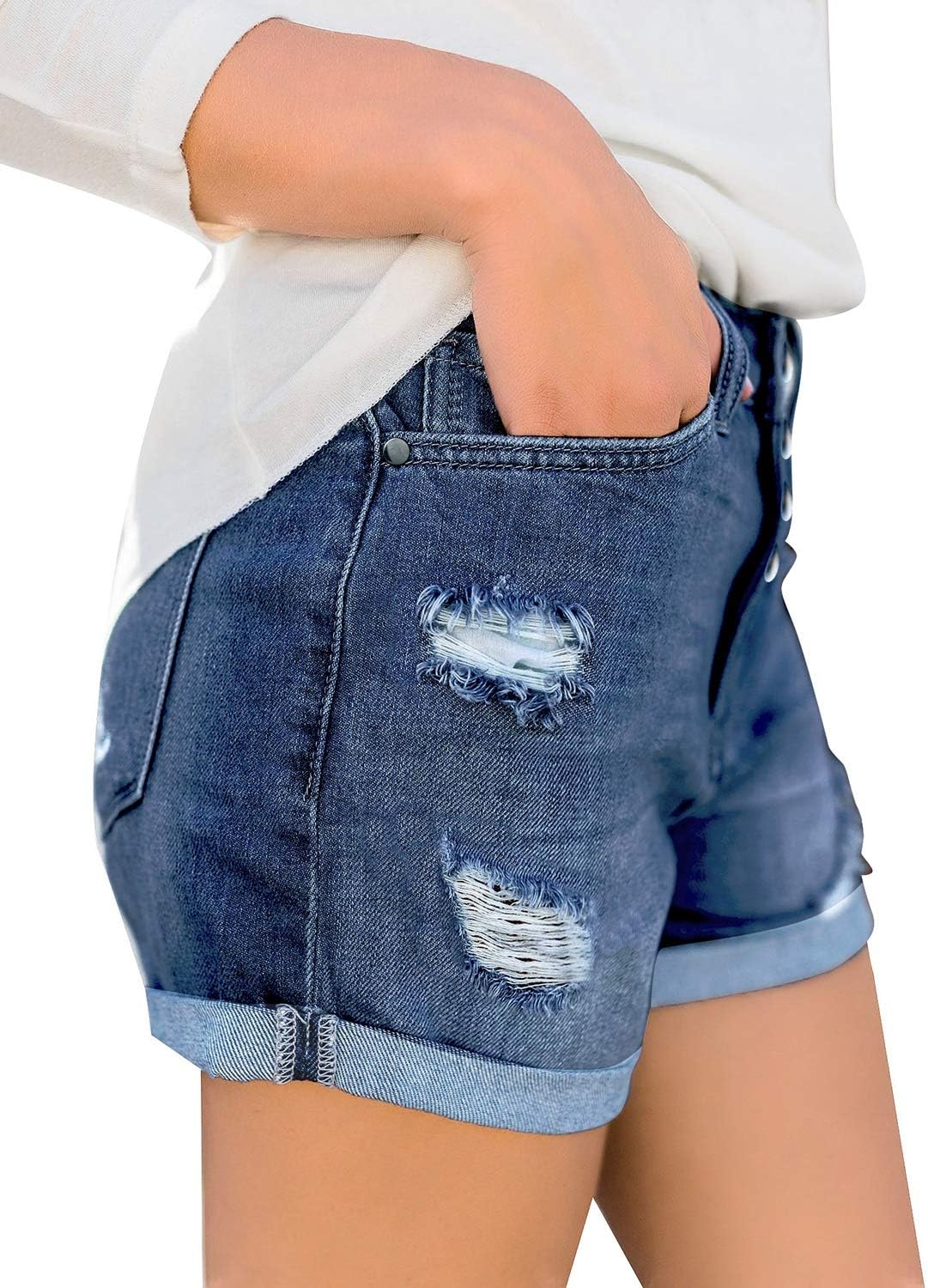 luvamia Womens Ripped High Waisted Denim Shorts Stretchy Cuffed Hem Jean ShortsA2 Lapis Air