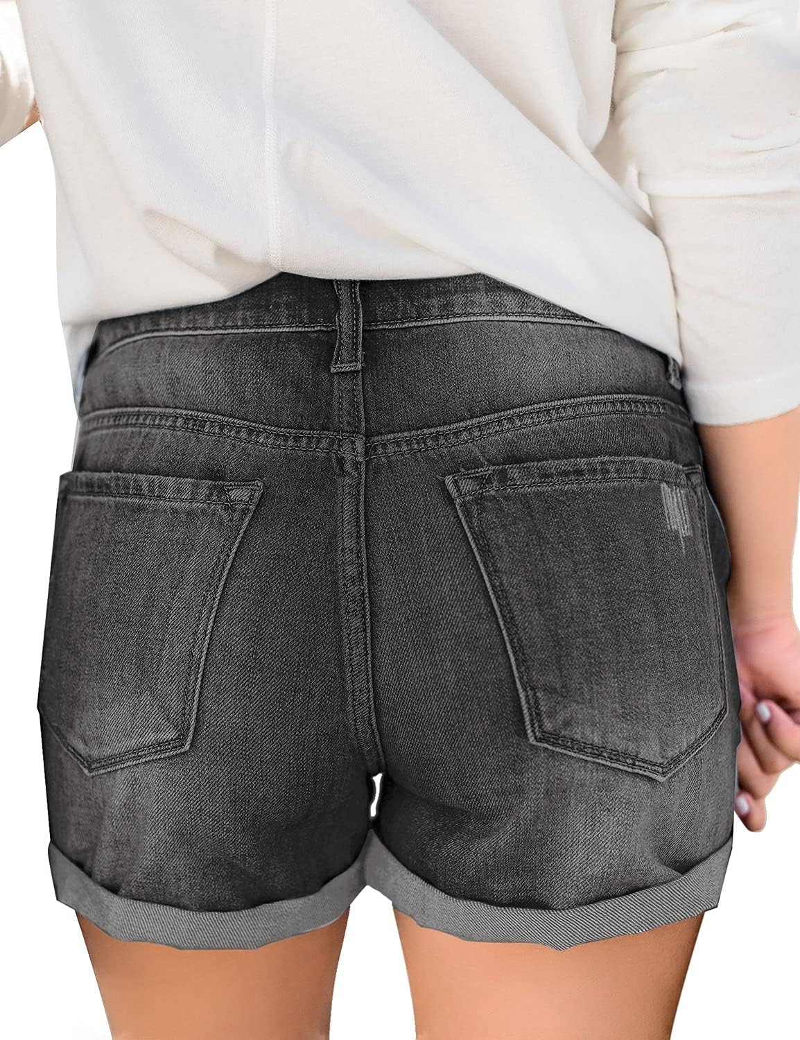 luvamia Womens Ripped High Waisted Denim Shorts Stretchy Cuffed Hem Jean ShortsA2 Stone Gray