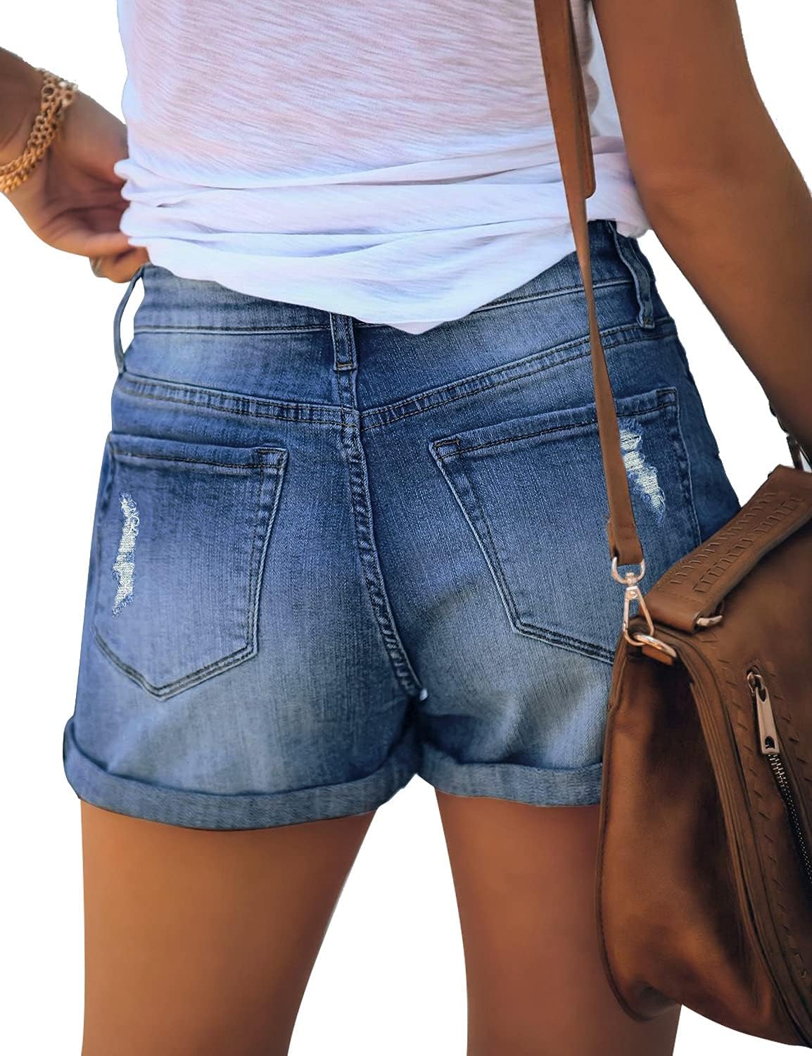 luvamia Womens Ripped High Waisted Denim Shorts Stretchy Cuffed Hem Jean ShortsA4 Blue Plunge