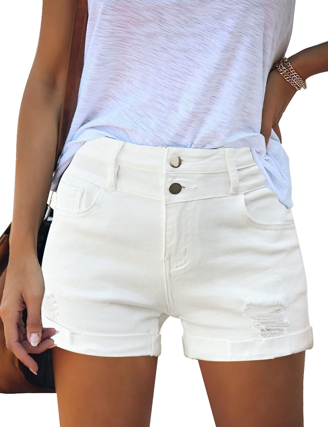 luvamia Womens Ripped High Waisted Denim Shorts Stretchy Cuffed Hem Jean ShortsA4 Chalk White