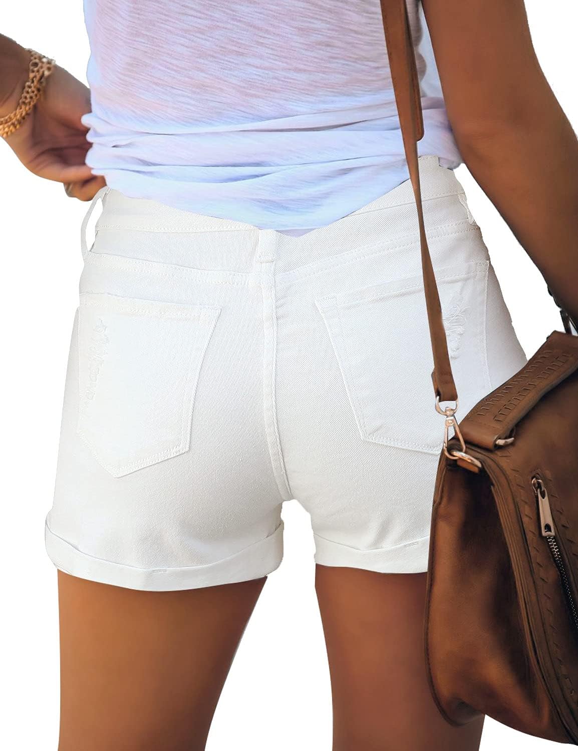 luvamia Womens Ripped High Waisted Denim Shorts Stretchy Cuffed Hem Jean ShortsA4 Chalk White