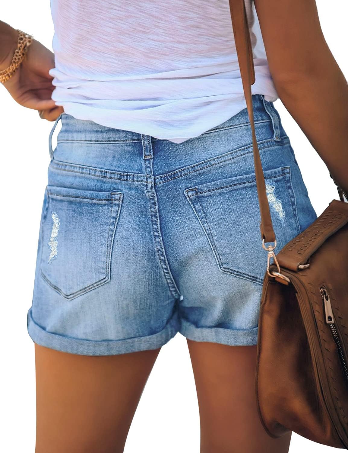 luvamia Womens Ripped High Waisted Denim Shorts Stretchy Cuffed Hem Jean ShortsA4 Lagoon Blue