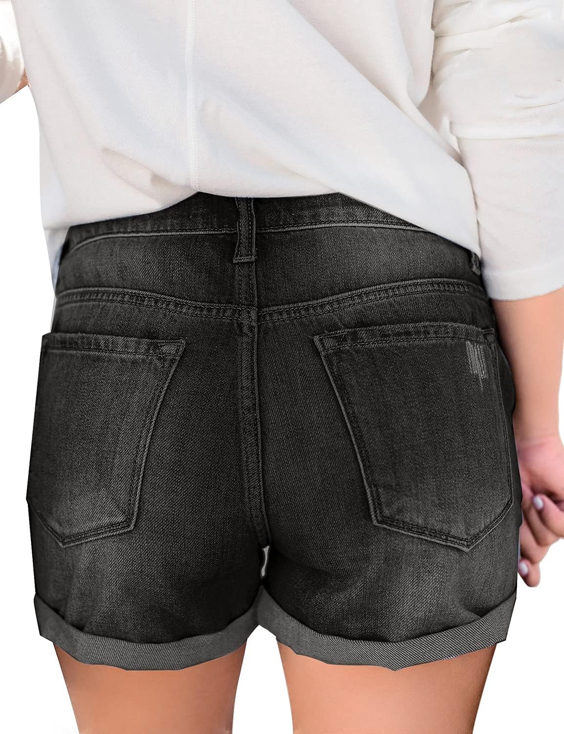 luvamia Womens Ripped High Waisted Denim Shorts Stretchy Cuffed Hem Jean ShortsB Iconic Black