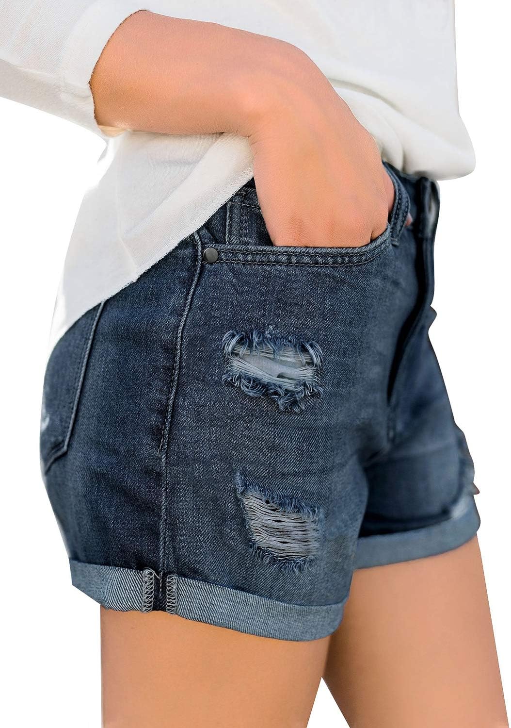 luvamia Womens Ripped High Waisted Denim Shorts Stretchy Cuffed Hem Jean ShortsD Nightfall Blue