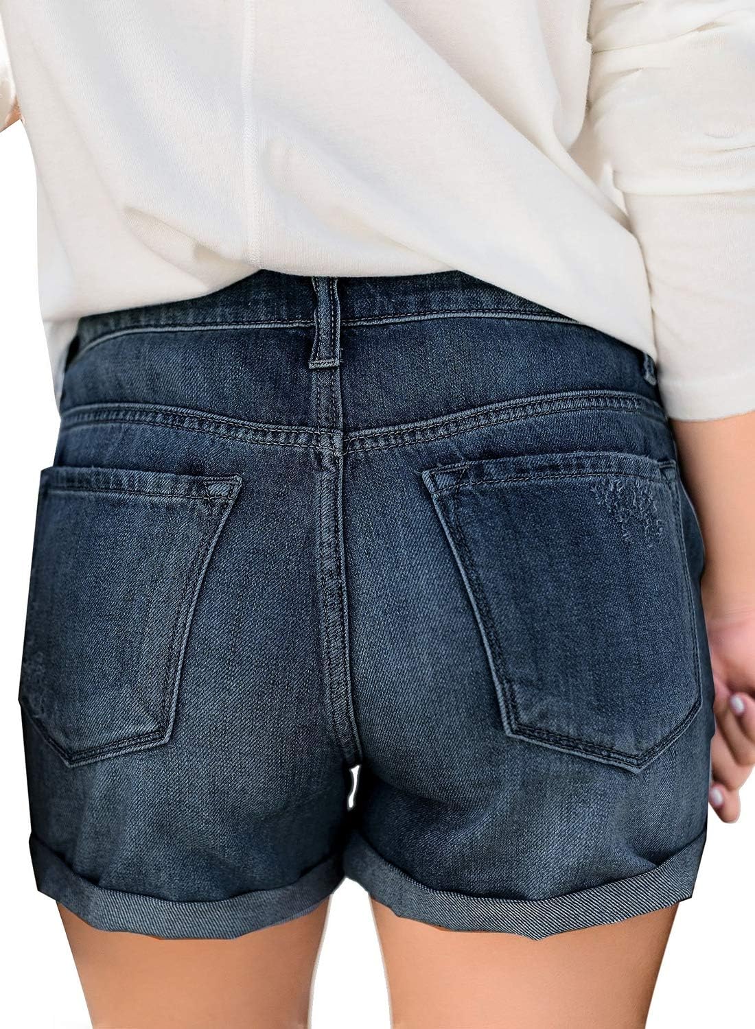 luvamia Womens Ripped High Waisted Denim Shorts Stretchy Cuffed Hem Jean ShortsD Nightfall Blue