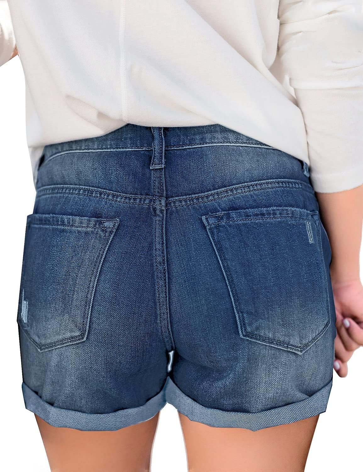 luvamia Womens Ripped High Waisted Denim Shorts Stretchy Cuffed Hem Jean ShortsF Deep Jasper Blue