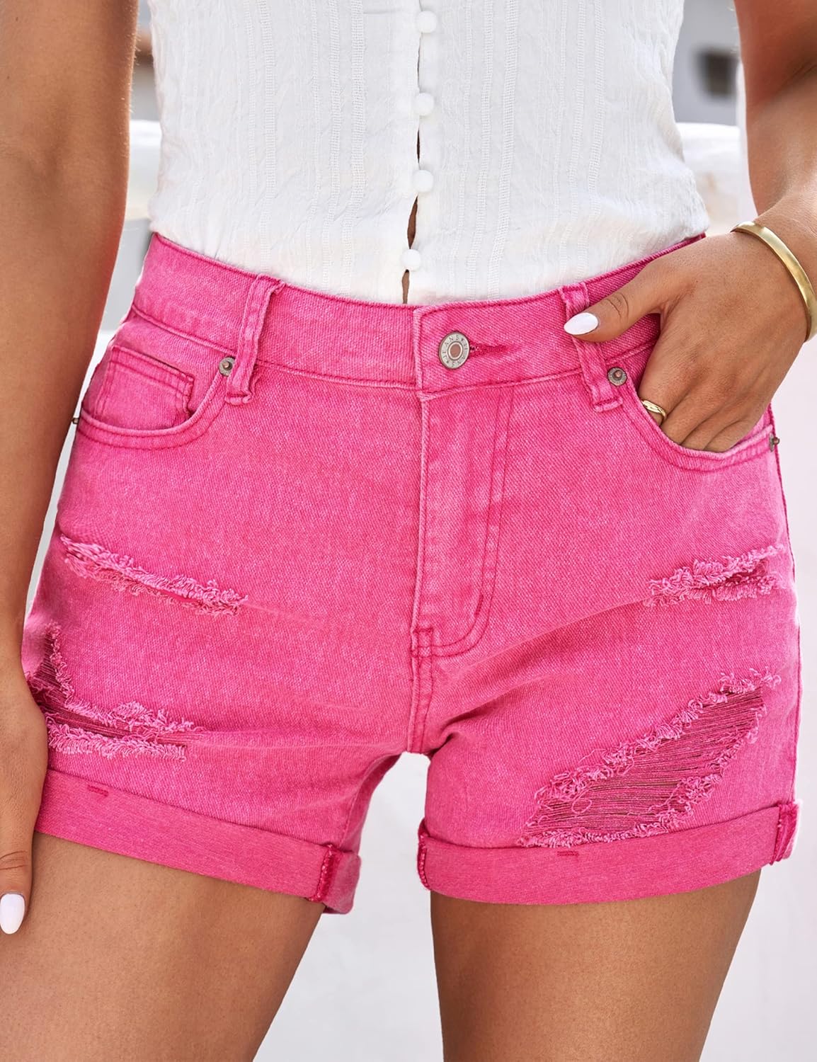 luvamia Womens Ripped High Waisted Denim Shorts Stretchy Cuffed Hem Jean ShortsG Hot Pink Snow Wash