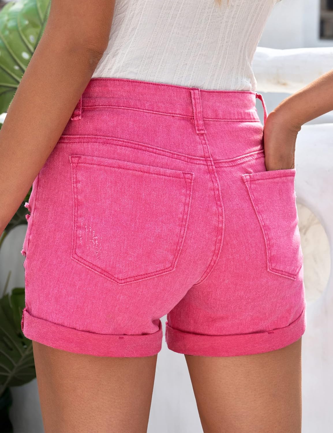 luvamia Womens Ripped High Waisted Denim Shorts Stretchy Cuffed Hem Jean ShortsG Hot Pink Snow Wash