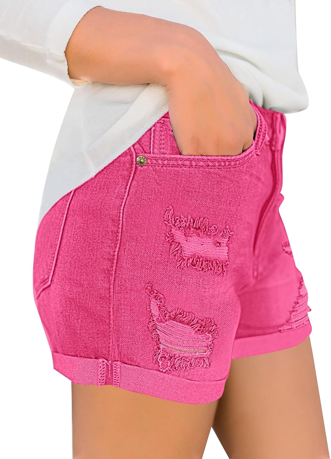 luvamia Womens Ripped High Waisted Denim Shorts Stretchy Cuffed Hem Jean ShortsG Hot Pink Snow Wash