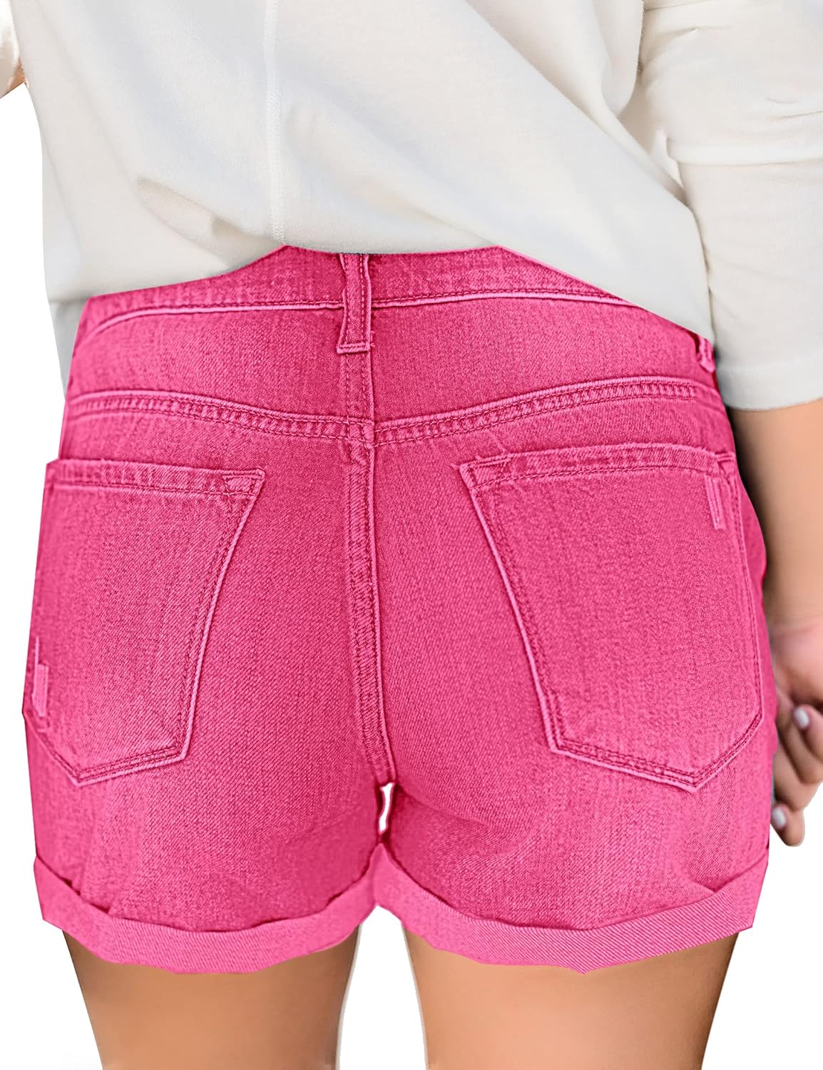 luvamia Womens Ripped High Waisted Denim Shorts Stretchy Cuffed Hem Jean ShortsG Hot Pink Snow Wash