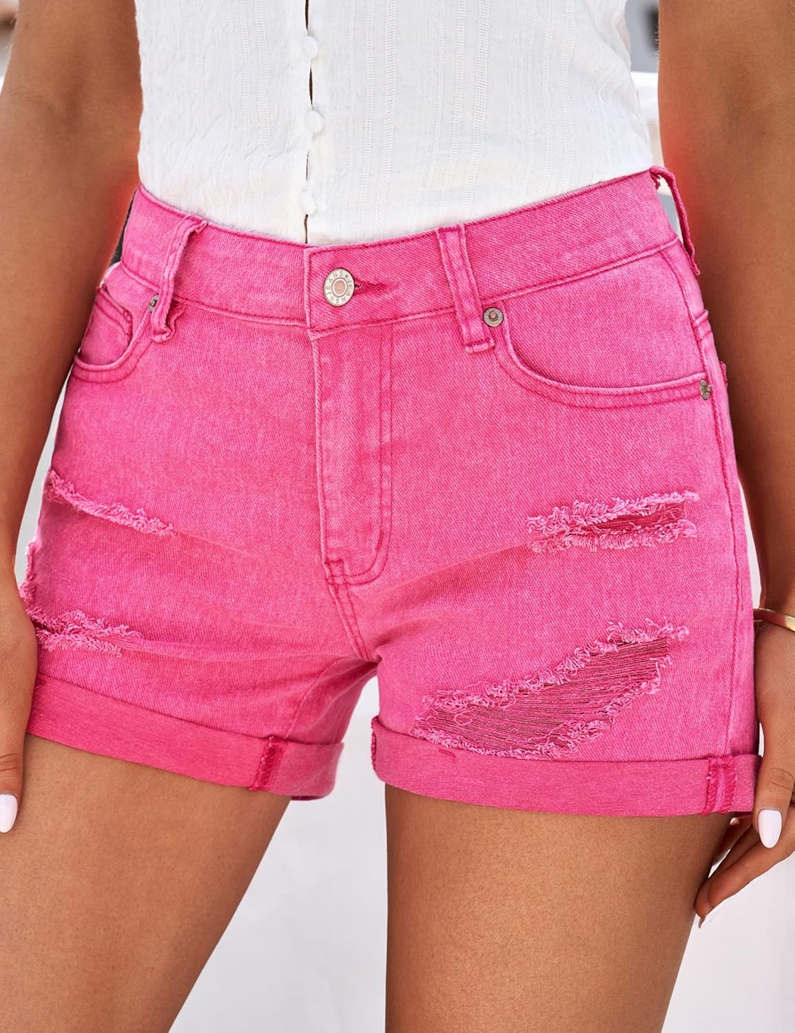 luvamia Womens Ripped High Waisted Denim Shorts Stretchy Cuffed Hem Jean ShortsG Hot Pink Snow Wash
