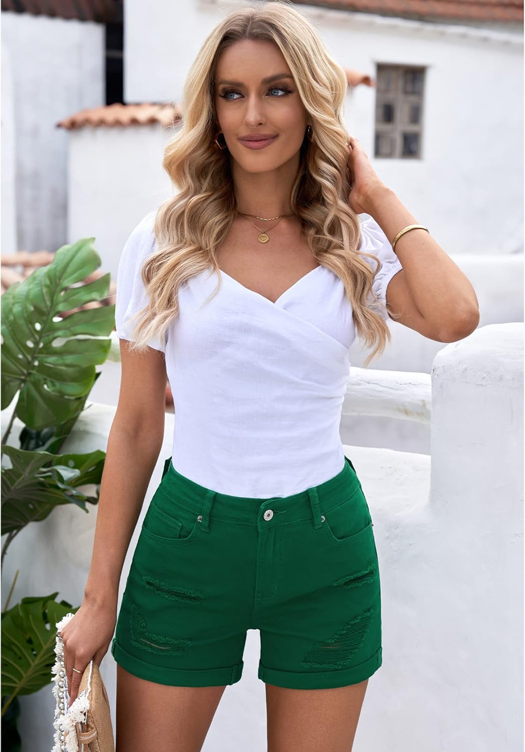 luvamia Womens Ripped High Waisted Denim Shorts Stretchy Cuffed Hem Jean ShortsG Verdant Green