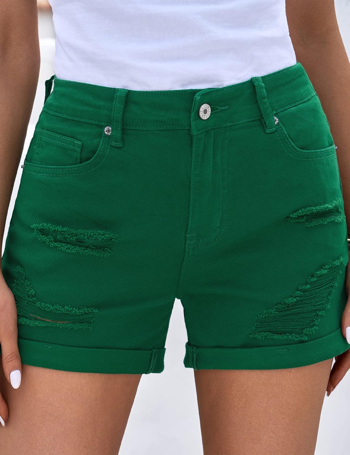 luvamia Womens Ripped High Waisted Denim Shorts Stretchy Cuffed Hem Jean ShortsG Verdant Green