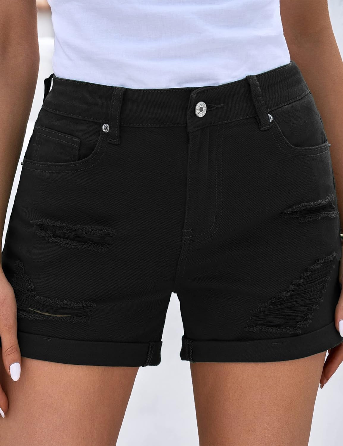 luvamia Womens Ripped High Waisted Denim Shorts Stretchy Cuffed Hem Jean ShortsG Warm Onyx Black