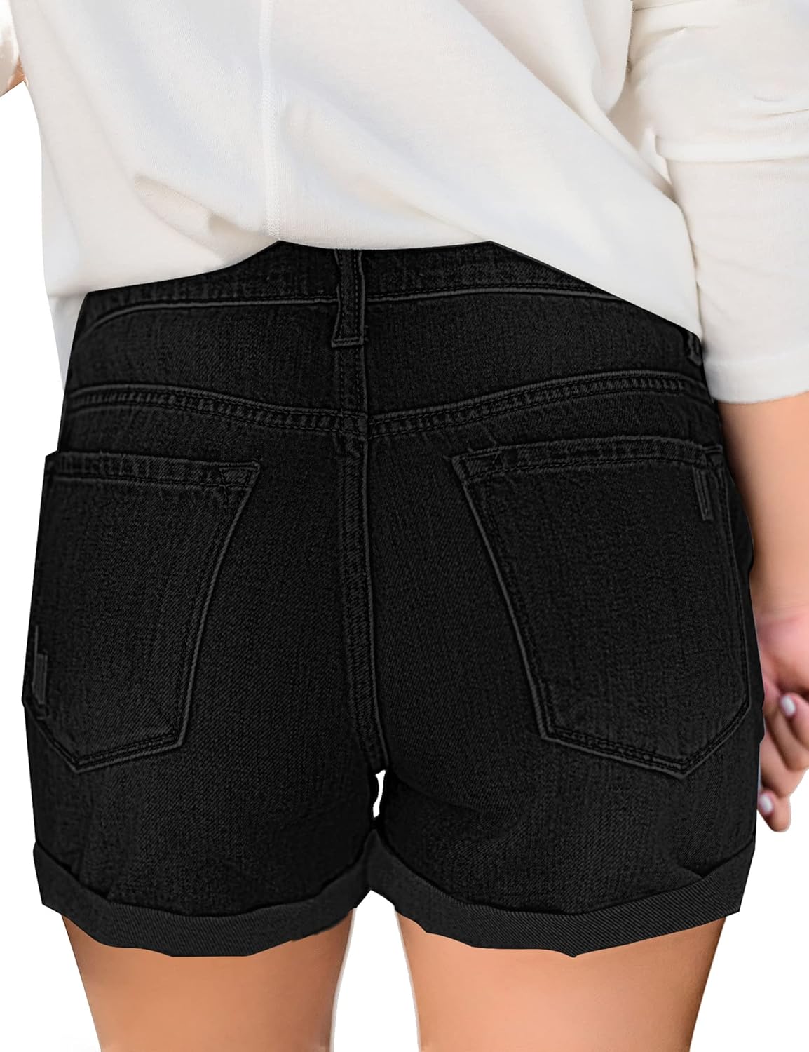 luvamia Womens Ripped High Waisted Denim Shorts Stretchy Cuffed Hem Jean ShortsG Warm Onyx Black