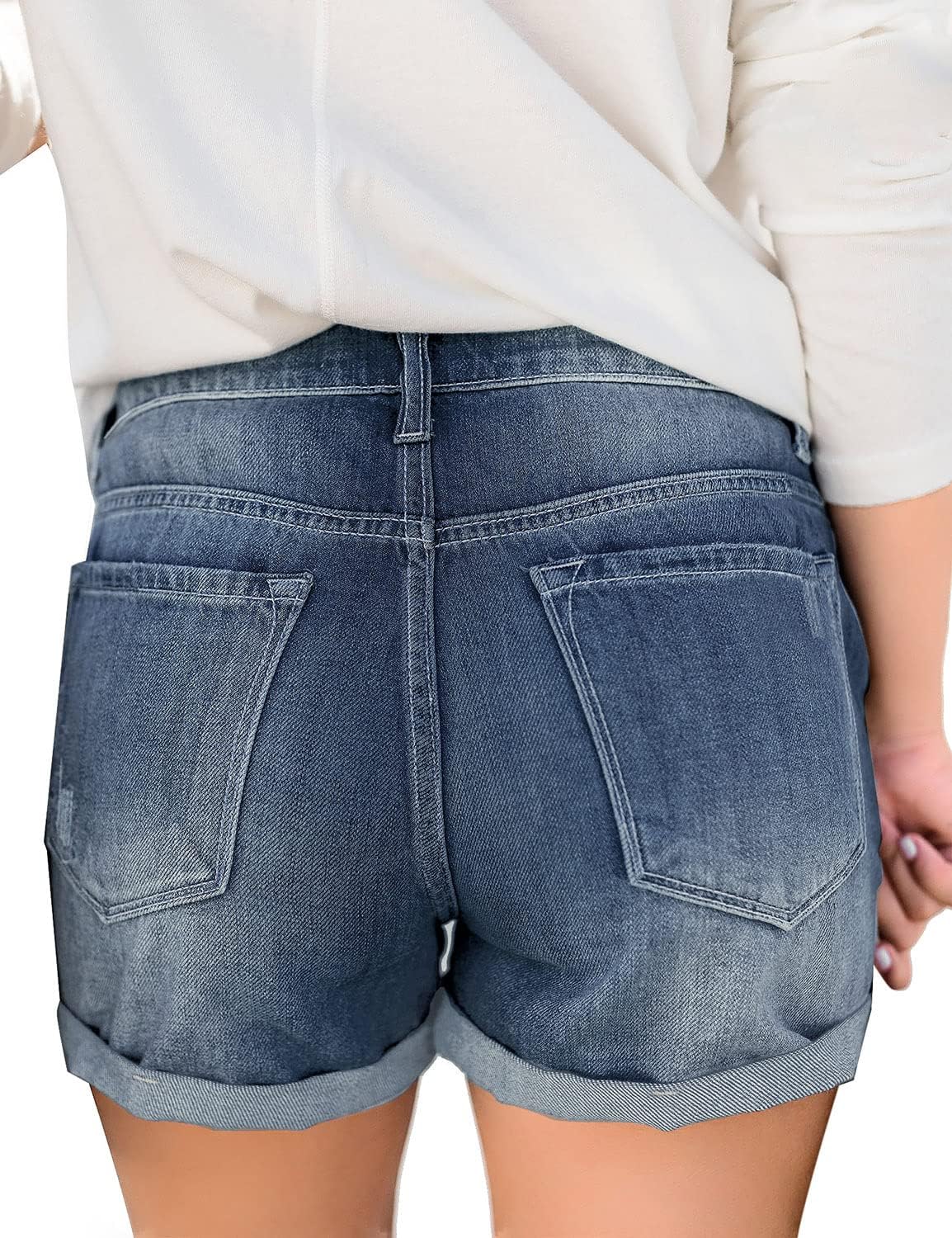 luvamia Womens Ripped High Waisted Denim Shorts Stretchy Cuffed Hem Jean ShortsL Monaco Blue