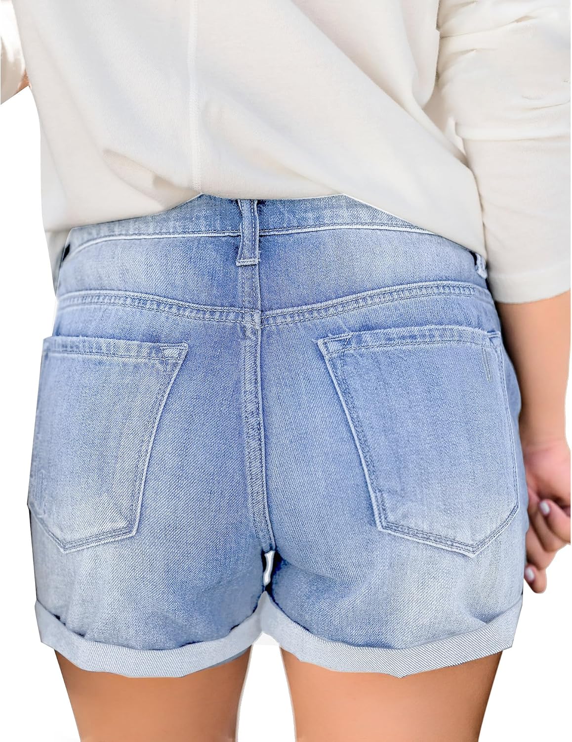 luvamia Womens Ripped High Waisted Denim Shorts Stretchy Cuffed Hem Jean ShortsLennox Blue