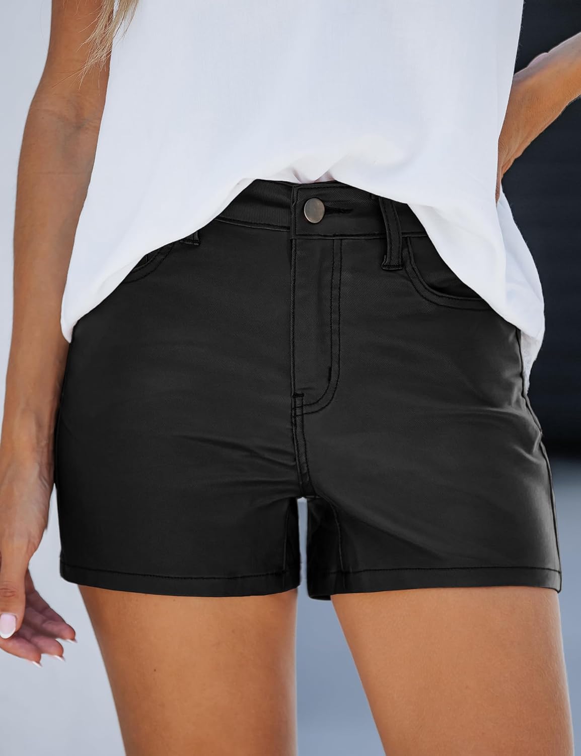 luvamia Womens Shorts Trendy High Waisted Faux Leather Look Stretchy Jean Shorts Short Denim Pants with Pockets ComfyBlack