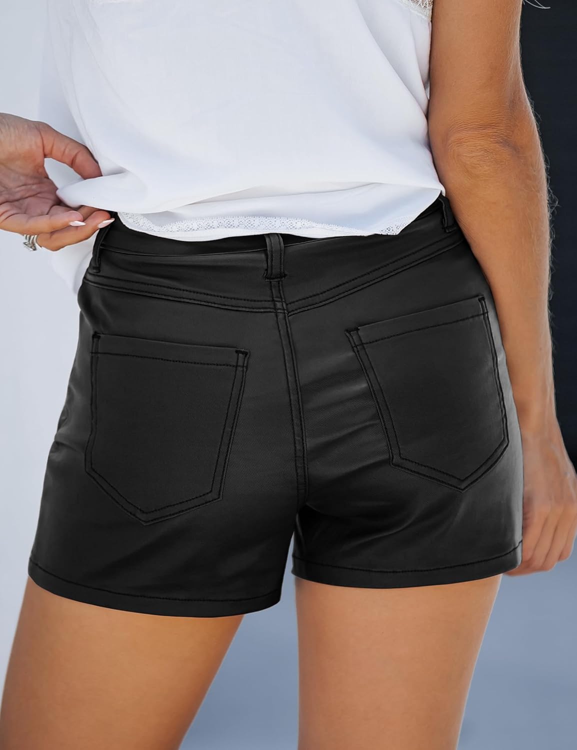 luvamia Womens Shorts Trendy High Waisted Faux Leather Look Stretchy Jean Shorts Short Denim Pants with Pockets ComfyBlack