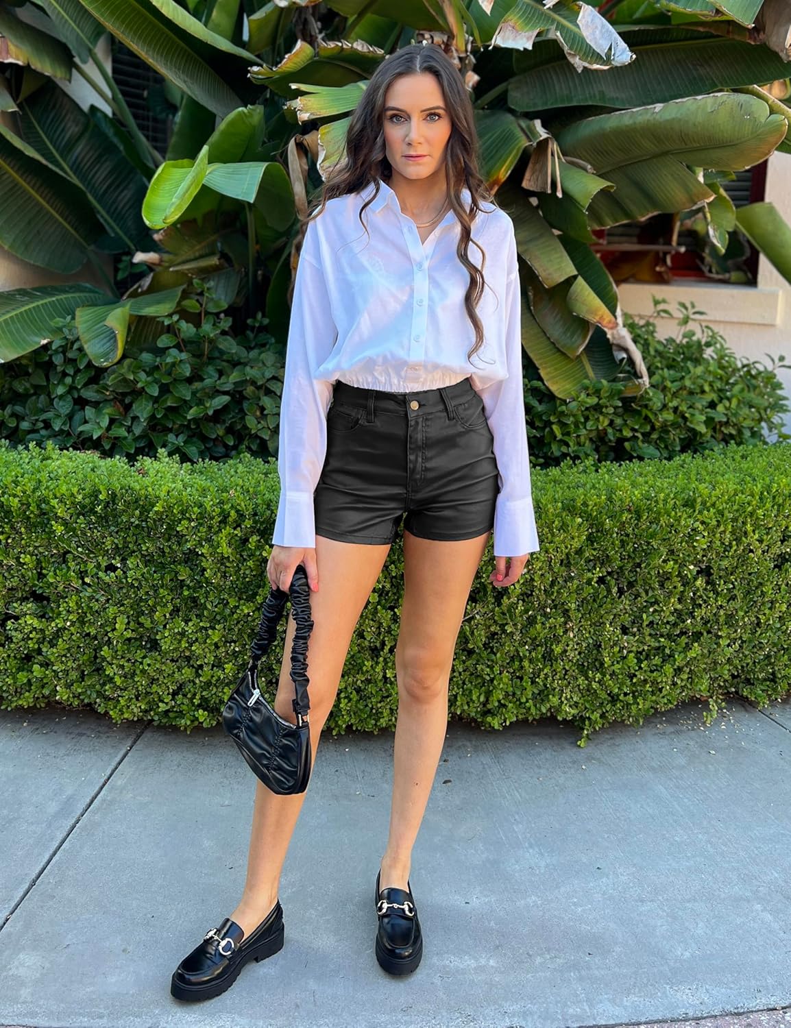 luvamia Womens Shorts Trendy High Waisted Faux Leather Look Stretchy Jean Shorts Short Denim Pants with Pockets ComfyBlack