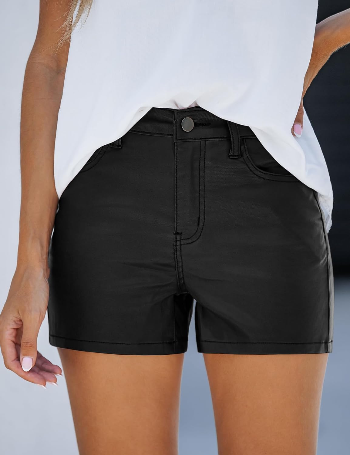 luvamia Womens Shorts Trendy High Waisted Faux Leather Look Stretchy Jean Shorts Short Denim Pants with Pockets ComfyBlack