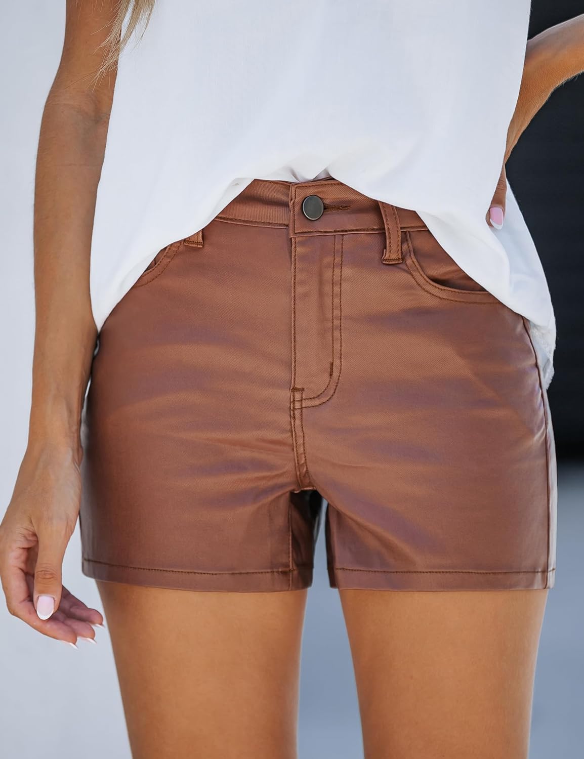 luvamia Womens Shorts Trendy High Waisted Faux Leather Look Stretchy Jean Shorts Short Denim Pants with Pockets ComfyBrown