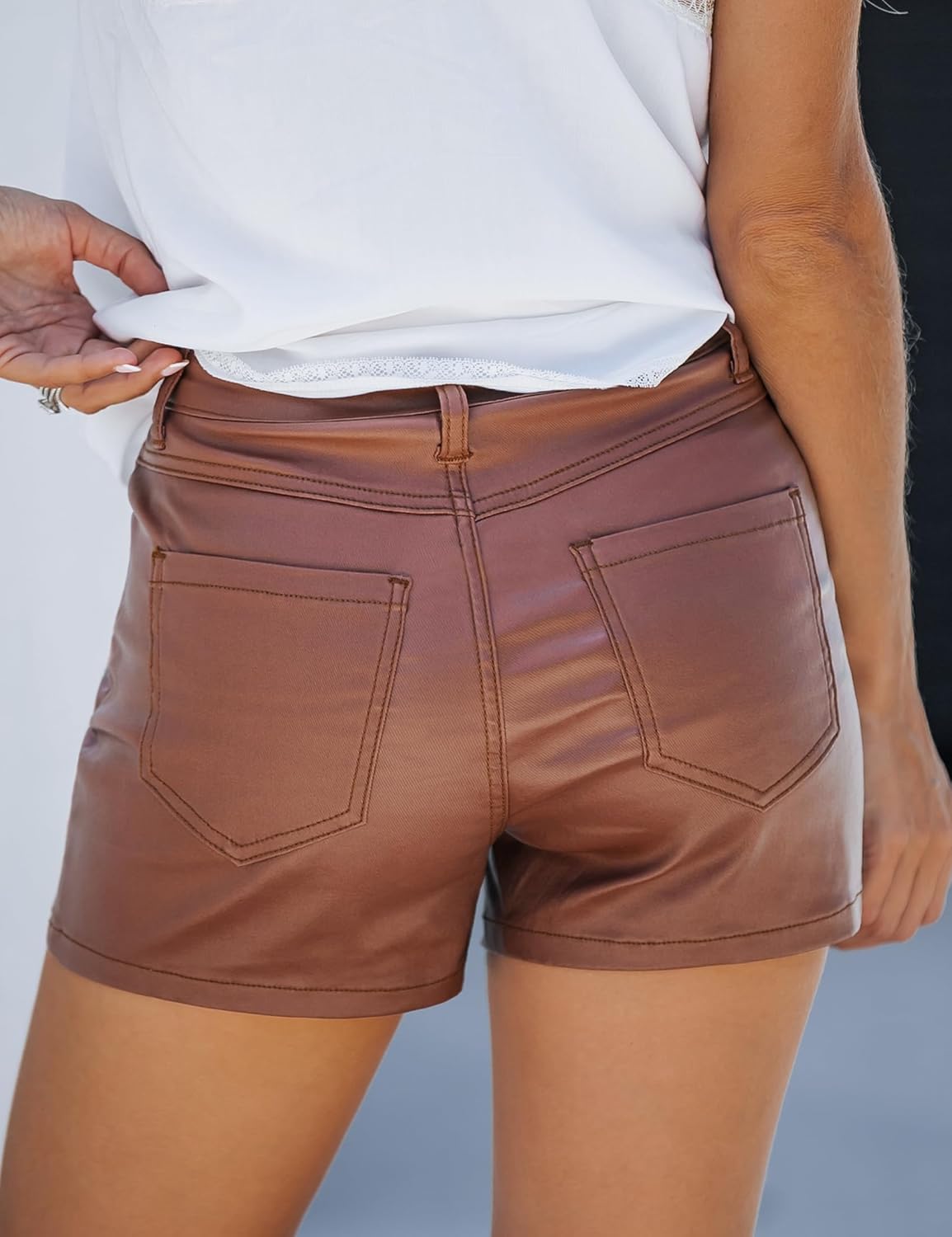 luvamia Womens Shorts Trendy High Waisted Faux Leather Look Stretchy Jean Shorts Short Denim Pants with Pockets ComfyBrown