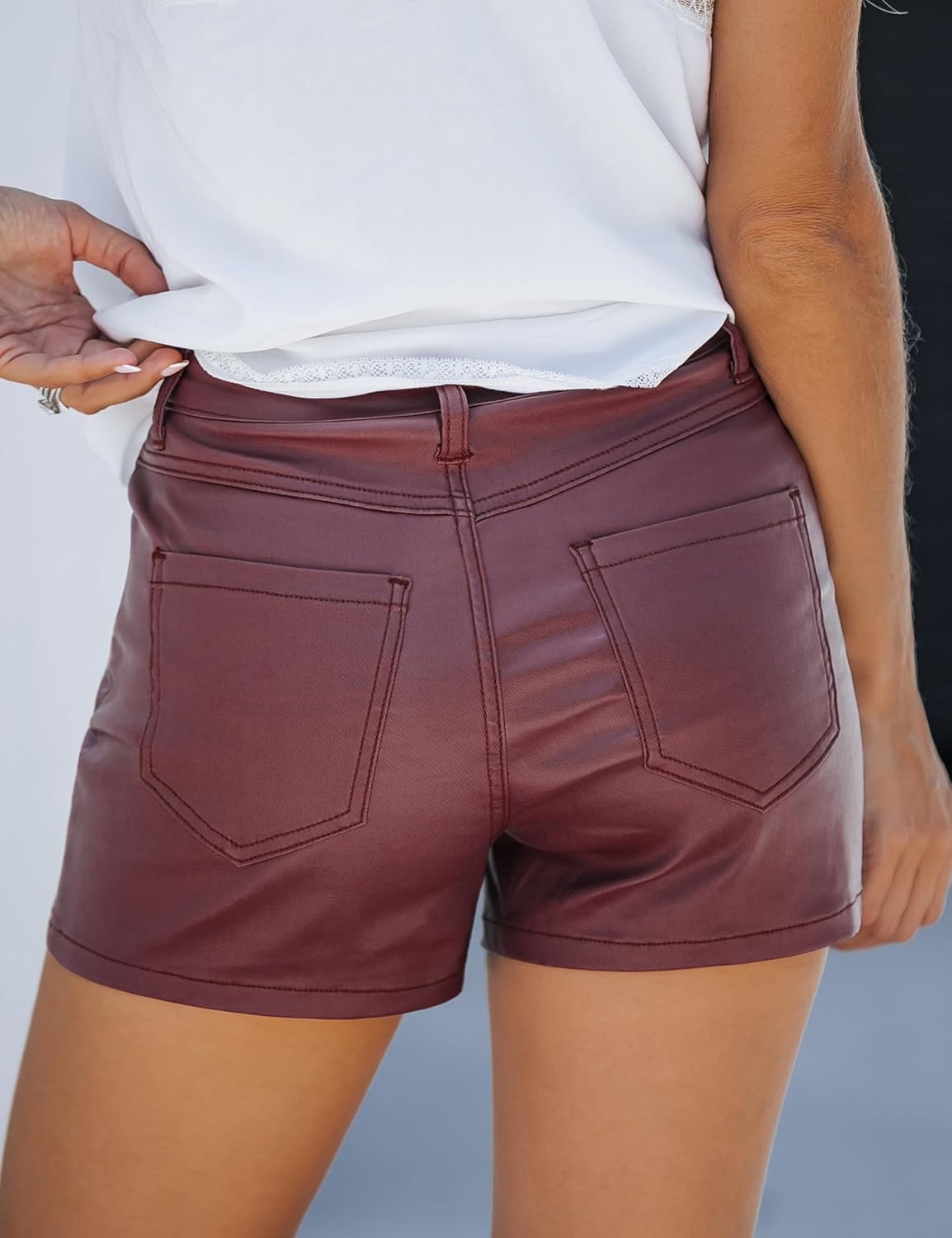 luvamia Womens Shorts Trendy High Waisted Faux Leather Look Stretchy Jean Shorts Short Denim Pants with Pockets ComfyBurgundy