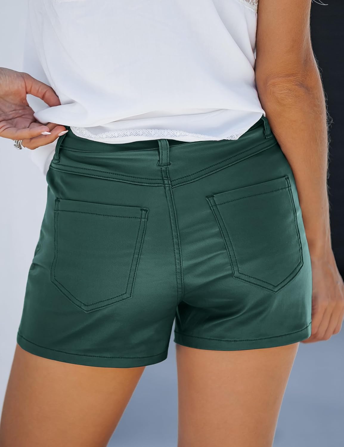 luvamia Womens Shorts Trendy High Waisted Faux Leather Look Stretchy Jean Shorts Short Denim Pants with Pockets ComfyDark Green