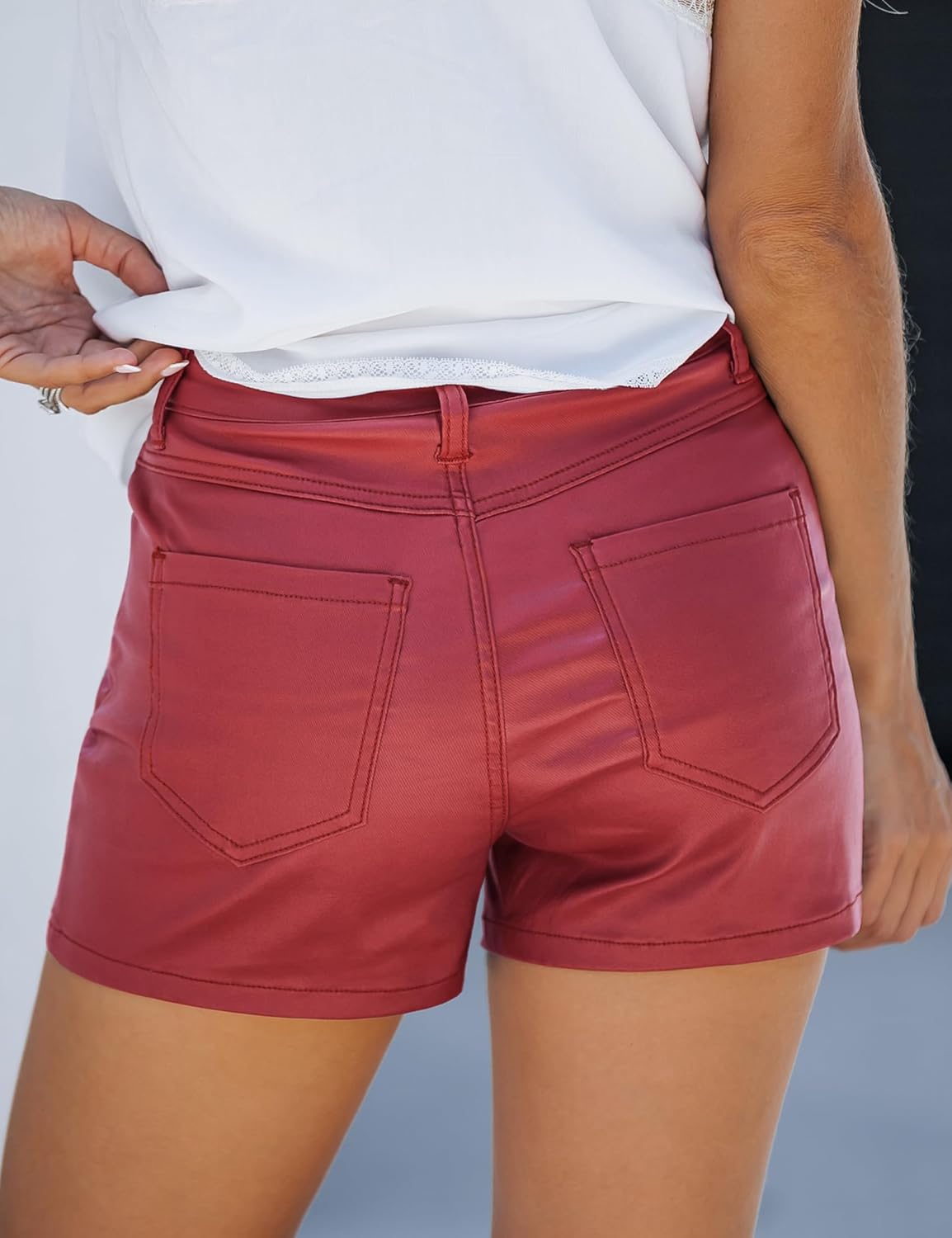 luvamia Womens Shorts Trendy High Waisted Faux Leather Look Stretchy Jean Shorts Short Denim Pants with Pockets ComfyRed