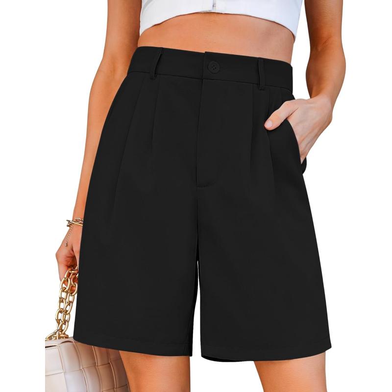 luvamia Bermuda Shorts for Women Dressy Casual High Waisted Summer Work Elastic Waist Pleated Dress Shorts with PocketsBlack