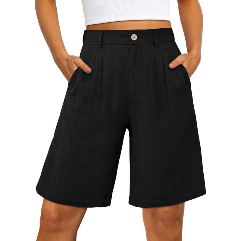 luvamia Bermuda Shorts for Women High Waisted Linen Dressy Casual Pleated Wide Leg Summer Shorts with Elastic WaistBlack