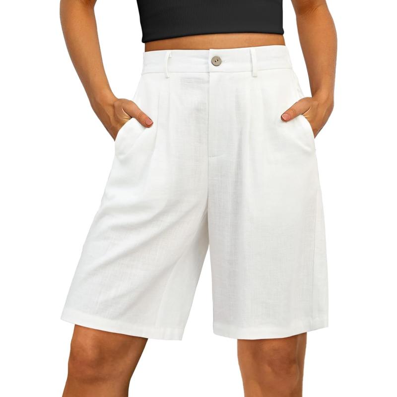 luvamia Bermuda Shorts for Women High Waisted Linen Dressy Casual Pleated Wide Leg Summer Shorts with Elastic WaistCream White