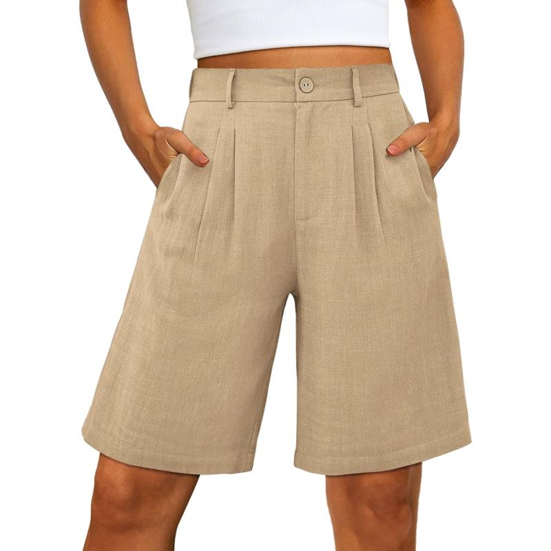 luvamia Bermuda Shorts for Women High Waisted Linen Dressy Casual Pleated Wide Leg Summer Shorts with Elastic WaistKhaki