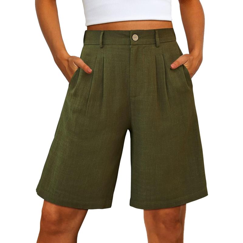luvamia Bermuda Shorts for Women High Waisted Linen Dressy Casual Pleated Wide Leg Summer Shorts with Elastic WaistOlive Green