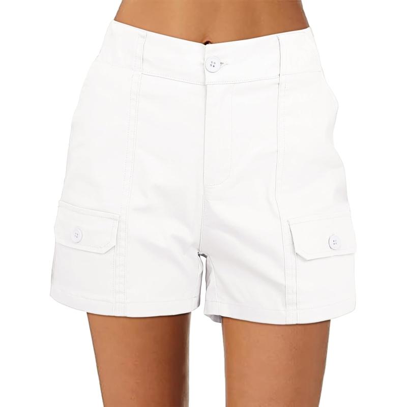 luvamia Cargo Shorts for Women Casual Summer High Waisted Chino Shorts Ribbed Elastic Waist Utility Pockets Comfy ShortsCream White