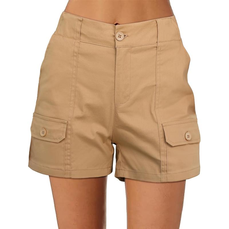 luvamia Cargo Shorts for Women Casual Summer High Waisted Chino Shorts Ribbed Elastic Waist Utility Pockets Comfy ShortsSand Khaki