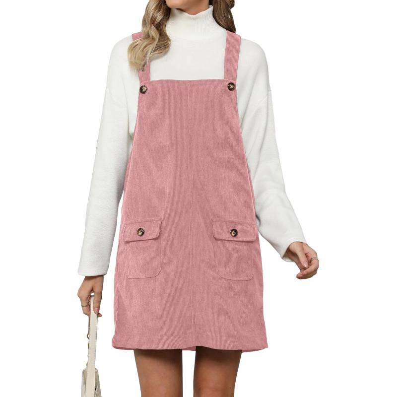 luvamia Corduroy Overall Dress for Women Adjustable Straps Casual Fashion Overalls Pinafore Short Dresses with PocketsPink Beige