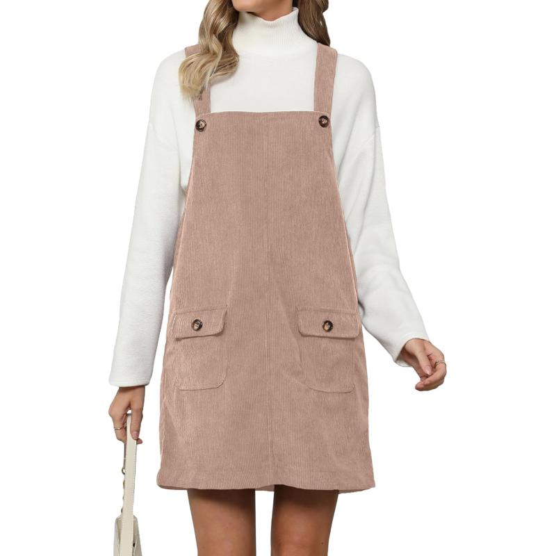 luvamia Corduroy Overall Dress for Women Adjustable Straps Casual Fashion Overalls Pinafore Short Dresses with PocketsToasted Almond