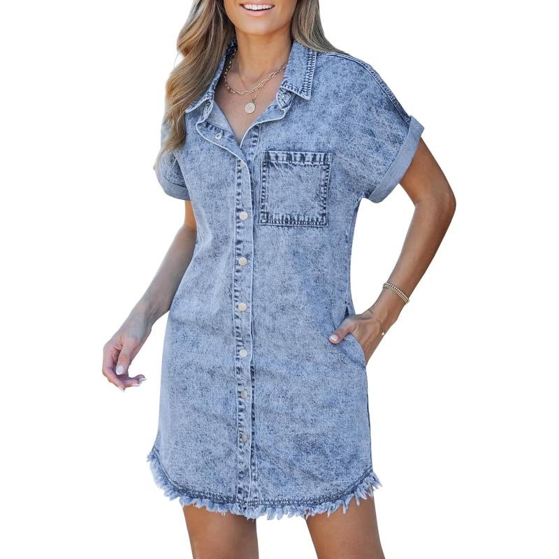 luvamia Denim Dress for Women Button Down Short Sleeves Casual Summer Jean Shirt Dresses with Pockets Frayed HemBay Blue