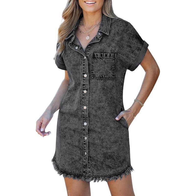 luvamia Denim Dress for Women Button Down Short Sleeves Casual Summer Jean Shirt Dresses with Pockets Frayed HemBlack