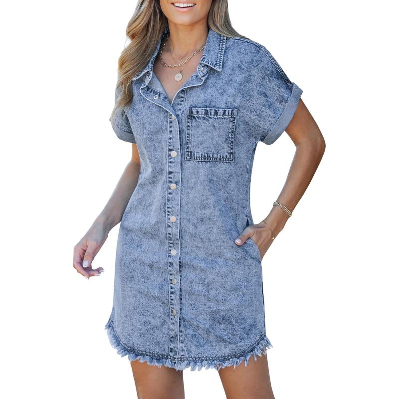 luvamia Denim Dress for Women Button Down Short Sleeves Casual Summer Jean Shirt Dresses with Pockets Frayed HemLakeside Blue