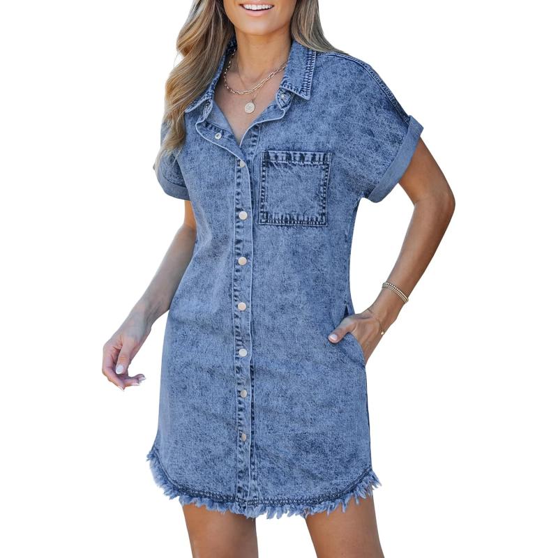 luvamia Denim Dress for Women Button Down Short Sleeves Casual Summer Jean Shirt Dresses with Pockets Frayed HemReef Blue